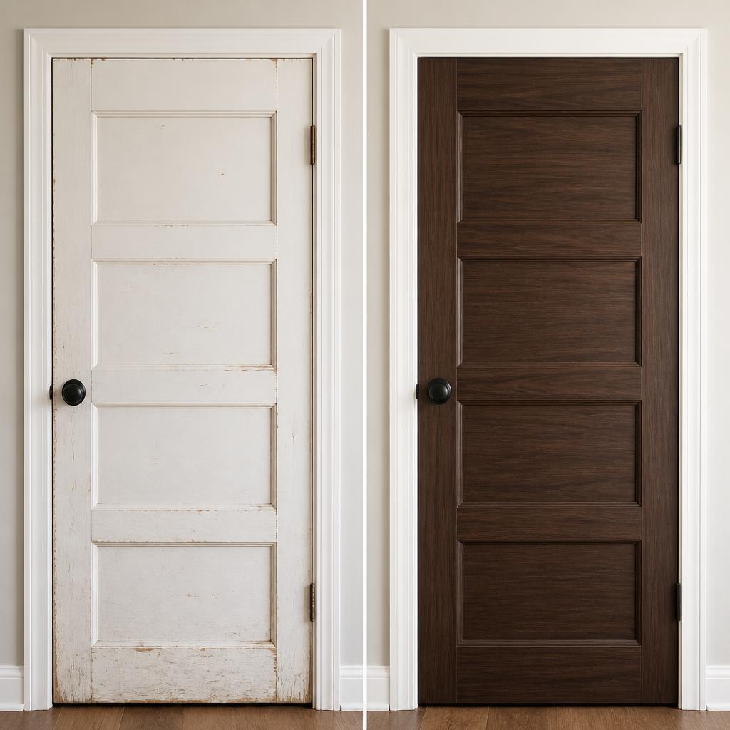 Antes e depois de porta envelopada em madeirado