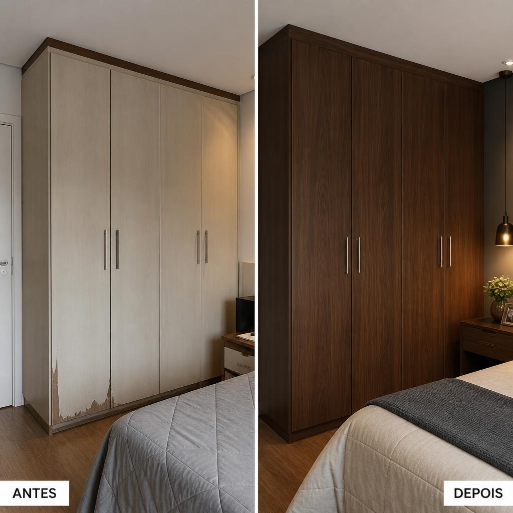 Antes e depois de guarda-roupa envelopado em madeira escura
